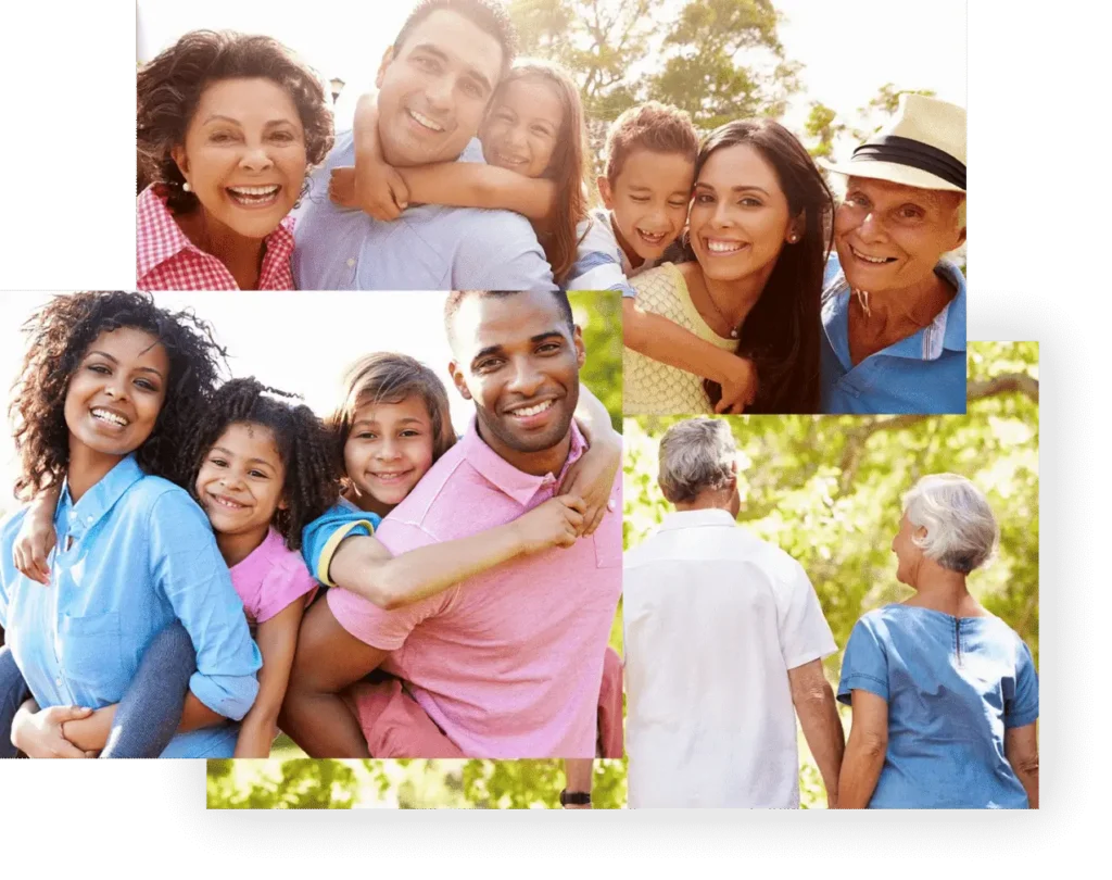 1 Collage of smiling multigenerational families outdoors.